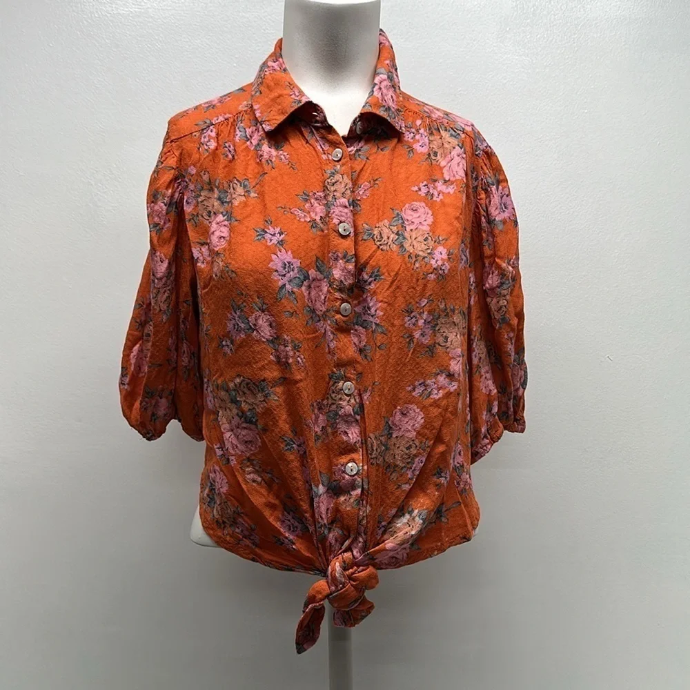 Free People Celia Blouse Top Short Sleeve Shirt Tie Front Floral Red Size Small